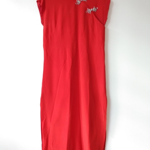 Vintage Red Cheongsam Dress Qipao 39"B 40"W Handmade Lined - Picture 2 of 15